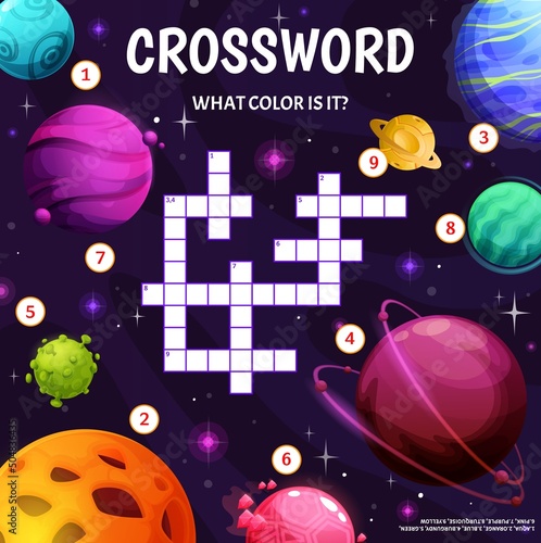Cartoon galaxy planets and stars crossword worksheet, find a word quiz game. Vector search puzzle for children educational or recreational activity with fantasy alien world. Crossword test for kids