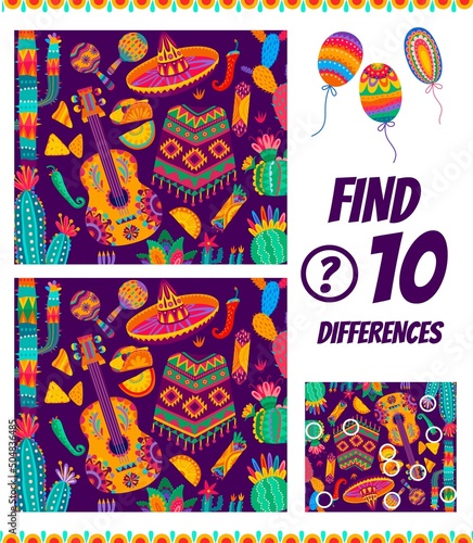 Find ten differences in mexican national objects. Kids maze game worksheet. Vector cartoon children riddle with sombrero  poncho  cactus and guitar with tex mex food  kid leisure