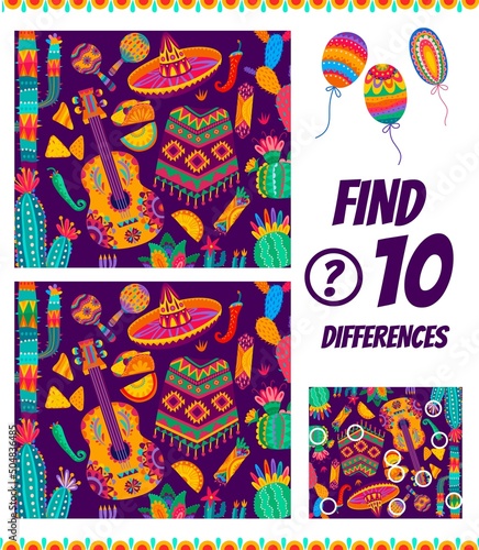 Find ten differences in mexican national objects. Kids maze game worksheet. Vector cartoon children riddle with sombrero, poncho, cactus and guitar with tex mex food, kid leisure