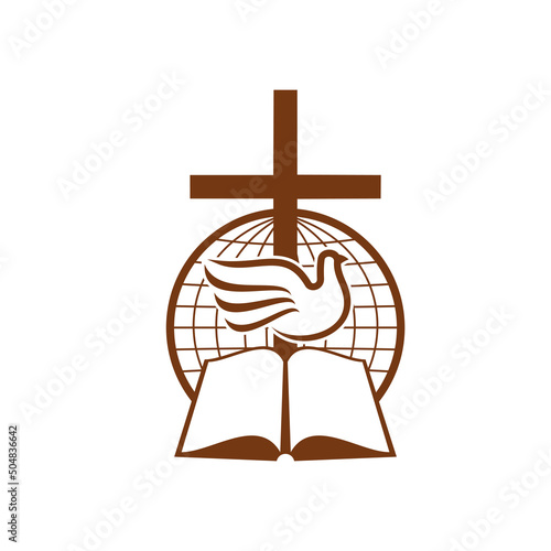 Symbol of christianity with globe, Bible book and dove. Christian religion, church or mission outline vector sign. Christian community emblem with sacred symbols and globe