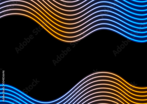 Blue and orange neon laser glowing curved wavy lines abstract background. Vector design