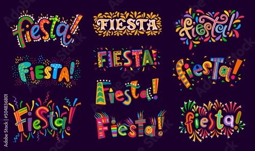 Fiesta Party, mexican, spanish and chile holiday carnival, vector celebration greetings. Latin America and hispanic fiesta party lettering with confetti and colorful flag with mexican pattern ornament