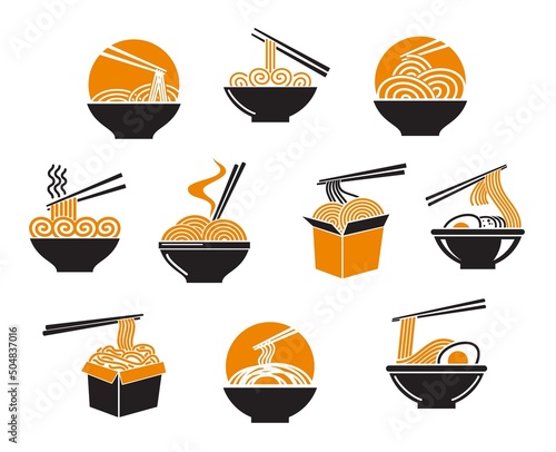 Asian ramen bowl and box of noodle soup, vector food icons for Chinese or Japanese and Korean restaurant. Chopsticks and bowl of udon or ramen noodles emblems for Asian cuisine wok dishes menu