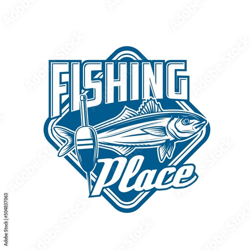 Fishing sport icon with mackerel and float. Fishing club emblem, fishing tackles and equipment shop or store vector retro icon or blue badge with ocean fish trophy and fisherman bobber