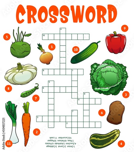 Raw farm isolated vegetables crossword puzzle worksheet. Find a word quiz game, kindergarten child intellectual game or riddle, preschool kids vector text playing activity with ripe and fresh veggies