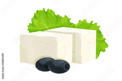 Feta cheese pieces decorated with black olives and lettuce leaves in cartoon style isolated on white background. Dairy product, ingredient. 