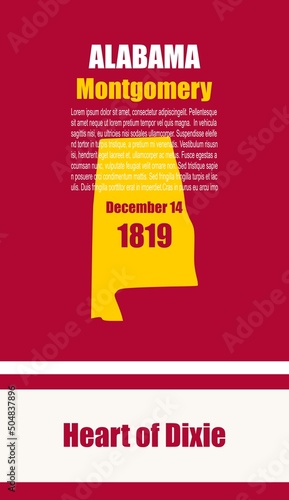 Alabama map with information. American state infographic template in colors of Alabama flag. USA travel postcard, poster concept design