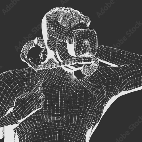 Monochrome silhouette of diver. Mesh grid texture