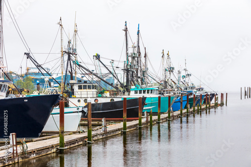 Fishing boats in the harbor during a cloudy day in the Pacific Northwest 