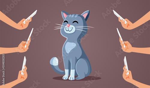 People Filming Cute Cat Creating Funny Viral Videos Vector Cartoon
