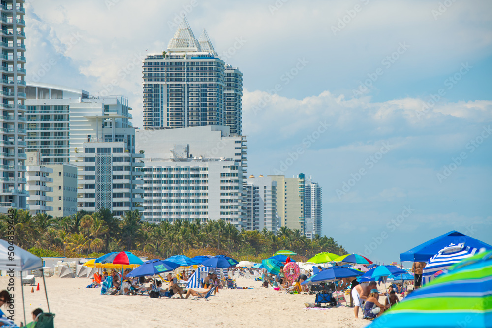 Miami Beach Florida. Panorama of Miami South Beach City FL. Atlantic Ocean. Summer vacations in Florida. Beautiful View on Residential house, Hotels and Resorts on Island. Miami Beach Florida. Panorama of Miami South Beach City FL. Atlantic Ocean. Summer vacations in Florida. Beautiful View on Residential house, Hotels and Resorts on Island.