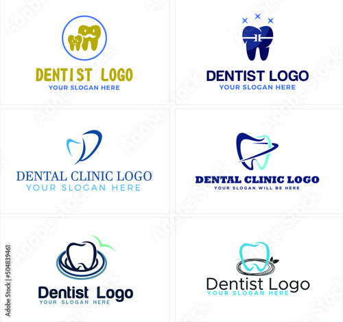 Dental clinic logos template with various kinds symbol tooth such as tooth character, bracelet clean tooth, and line art tooth circling leaf vector illustration photo