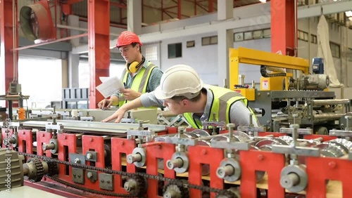 Two young engineers Testing and verifying the operation of the machines forming metal sheet tiles in the factory