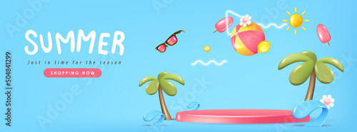  Summer sale banner background with product display cylindrical shape and beach vibes decorate
