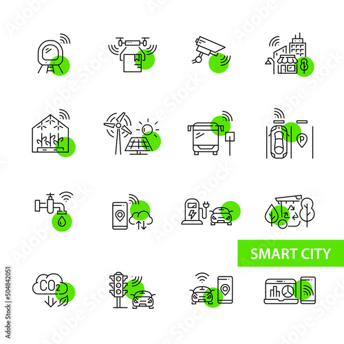 Smart city icons set. CCTV, drone delivery, smart parking and traffic management, sustainable energy sources. Pixel perfect, editable stroke line art