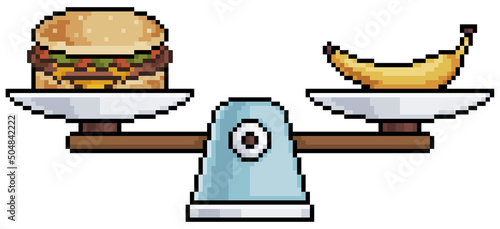 Pixel art food scale. Healthy food vs bad food vector icon for 8bit game on white background