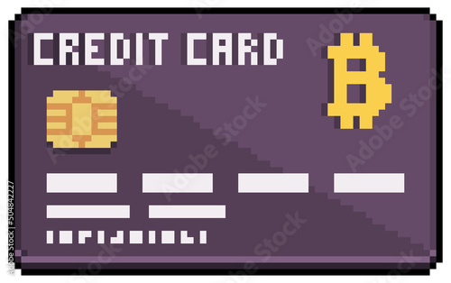 Pixel art bitcoin credit card. Crypto payment vector icon for 8bit game on white background
