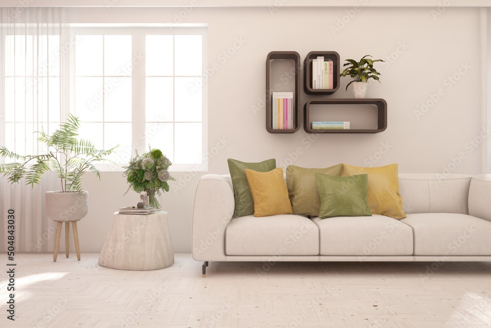Fototapeta premium White living room with sofa. Scandinavian interior design. 3D illustration