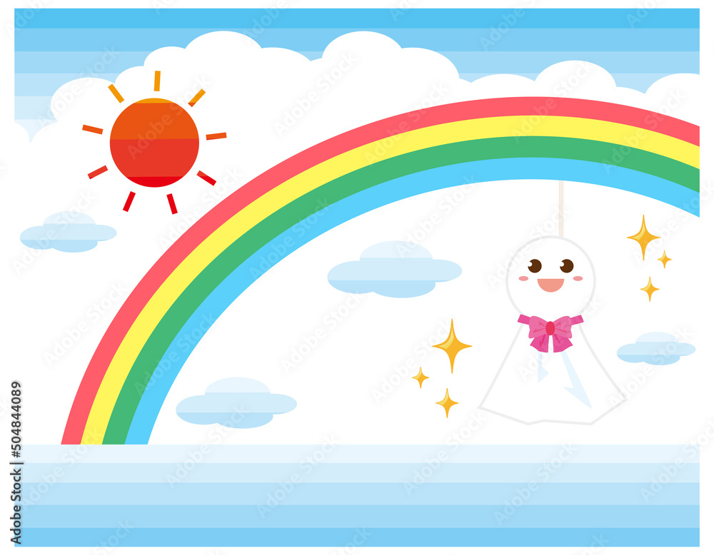 Naklejka premium かわいいてるてる坊主 ベクターイラスト 虹 太陽