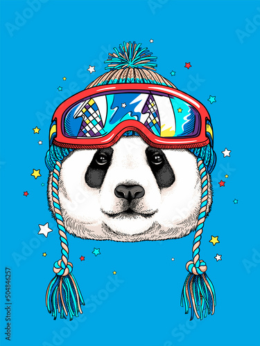 Cute cartoon big panda in winter hat and ski goggles. Stylish image for printing on any surface