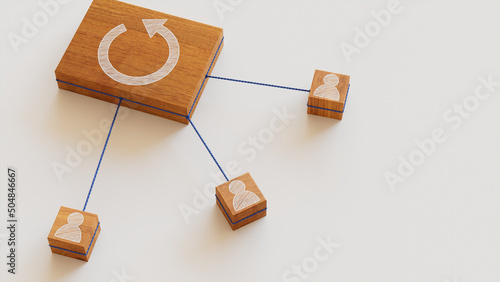Reload Technology Concept with refresh Symbol on a Wooden Block. User Network Connections are Represented with Blue string. White background. 3D Render. photo