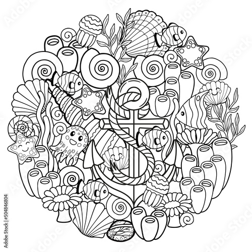 Vector coloring book for adults. Page for meditation and relax. Tropical fish, nemo fish, jellyfish, corals and seashells and anchor