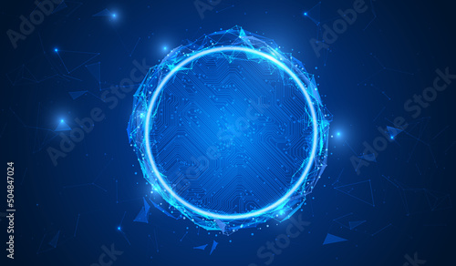 Abstract blue cyber space circuit board in circle swirl cloud data storage pattern concept.