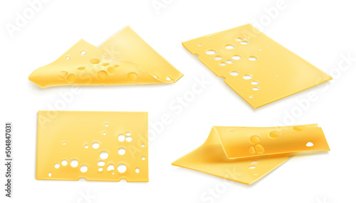Cheese 3d realistic vector illustration. Thin square slices of cheez, cheddar with holes, holland or swiss food, set icons isolated on white background