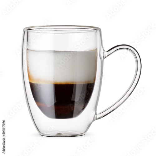 Glass cup of espresso macchiato coffee isolated on white.