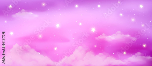 Pink sky with clouds and stars. Magik cute girly background. Sweet sugar backdrop. Vector wallpaper.