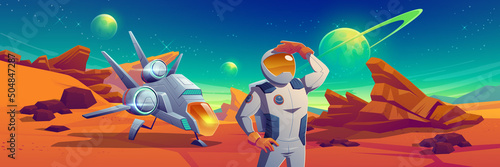 Astronaut and spaceship on Mars surface. Vector cartoon illustration of cosmonaut in helmet and suit explore outer space, standing on alien planet landscape with mountains and shuttle