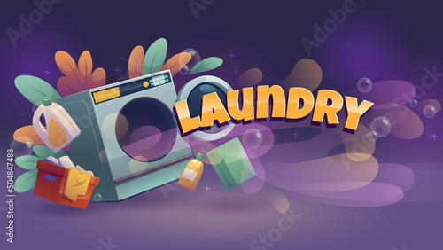 Laundry service advertising posters with automatic washing machine, detergents in bottles, dirty clothes in basket. Vector banner of public launderette room, washhouse