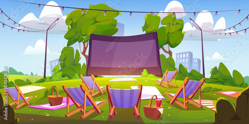 Open air cinema on green lawn in city park, garden or backyard. Vector cartoon summer landscape with empty outdoor movie theater with big screen, chaises, picnic baskets and blankets on grass