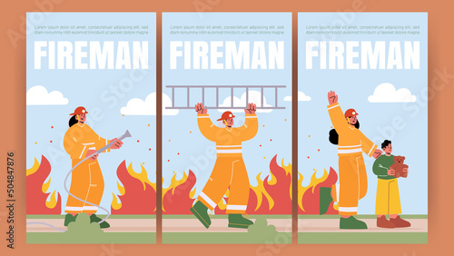 Fireman banners with professional fire fighters with water hose and ladder. Vector vertical posters with flat illustration of fire brigade, man and woman in helmet and safety costume rescues kid