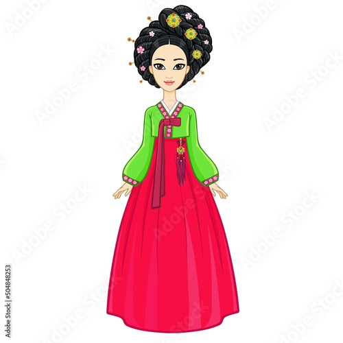 Asian beauty. Animation portrait of the young Korean girl in ancient bright clothes. Historical hairstyle. Full growth. Vector illustration isolated on a white background.