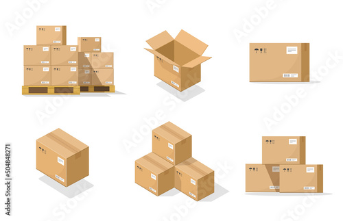 Parcel boxes pack set vector isometric and cardboard postal packages pile open and closed flat and 3d cartoon illustration isolated on white, single paper product delivery storage on pallet set image