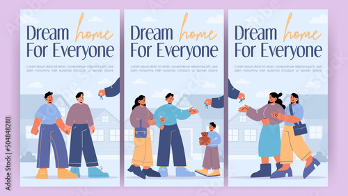 Family buy house from real estate agent. Concept of purchase or rent property. Vector banners with flat illustration of realtor hand gives key to lesbian couple, two guys and people with kid