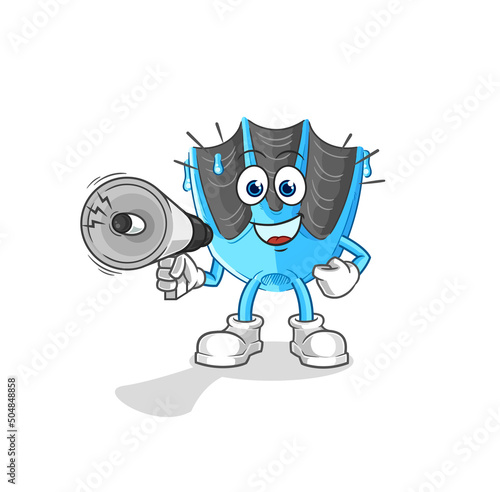 swimming fin holding hand loudspeakers vector. cartoon character