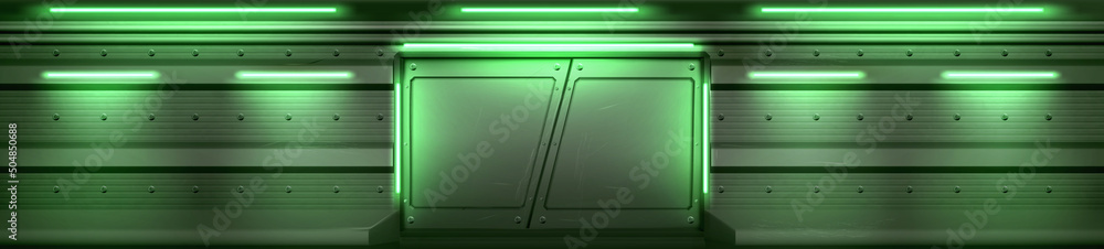 Futuristic interior with metal doors in spaceship, secret laboratory or bunker. Vector realistic background of lab or shuttle hall with closed steel sliding gates and green lamps - obrazy, fototapety, plakaty 