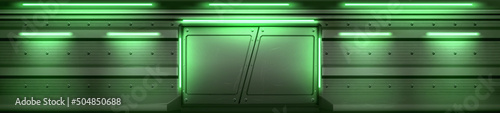 Futuristic interior with metal doors in spaceship, secret laboratory or bunker. Vector realistic background of lab or shuttle hall with closed steel sliding gates and green lamps