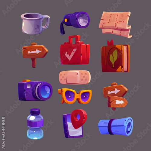 Travel icons, tourism equipment signs. Wooden signposts with arrows, map and phone with gps pointer. Vector cartoon set of tourist tools, first aid kit, sunglasses, camera and water bottle