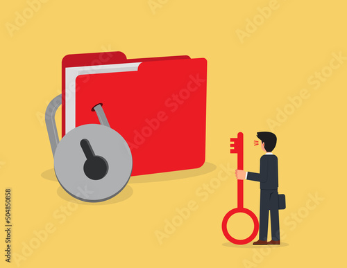 Security system. businessman holding a lock looking at a locked folder, Accountancy, Analyzing, Banking