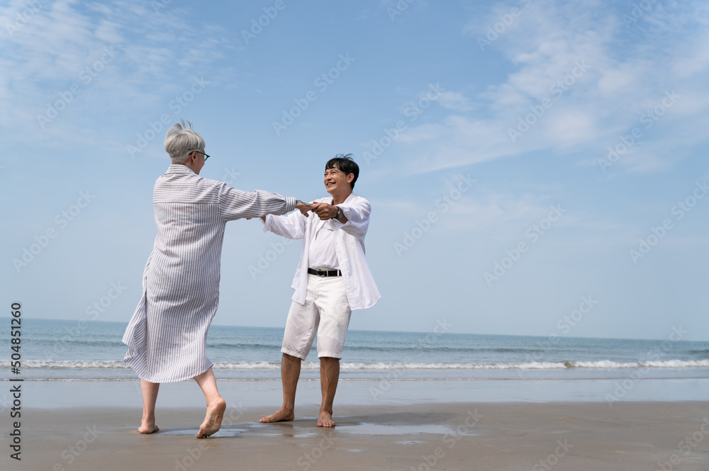 Happy dancing senior couple on the beach Happy dancing senior couple on the beach