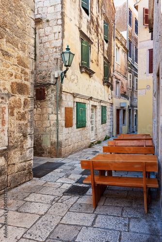 An outdoor cafe on the narrow streets of the Mediterranean riviera. Split, Dalmatia, Croatia