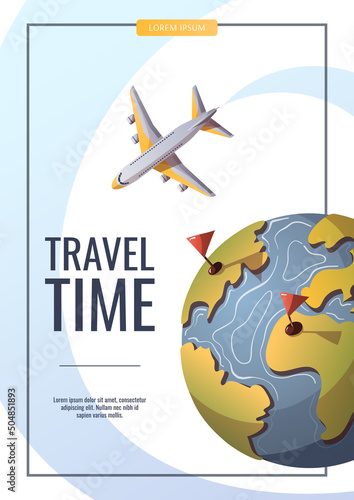 Flyer design for Travel, tourism, adventure, journey. Airplan flying around the globe. A4 Vector illustration, banner, flyer, poster, advertising template.