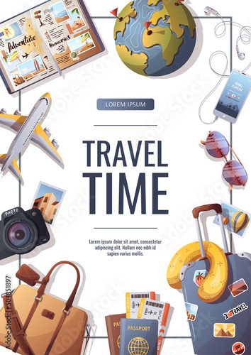 Flyer design for travel, tourism, adventure, journey. Suitcase, airplane and globe, camera, travel journal. A4 vector illustration, flyer, cover, banner template.