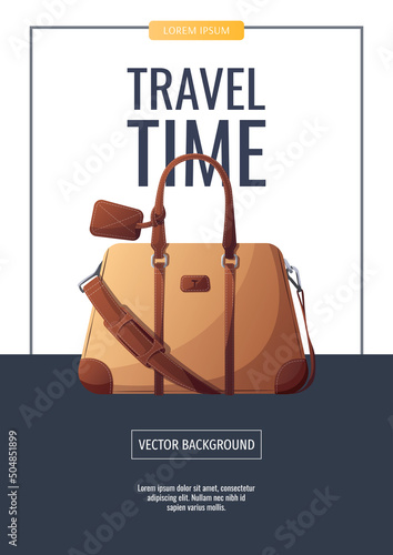 Flyer design with ravel bag. Travel, tourism, adventure, journey concept. A4 vector illustration for banner, poster, flyer, advertising.