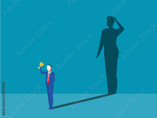 imposter syndrome, business holding on carnival masks  happy  with fear shadow behind. Anxiety and lack of self confidence at work vector illustrator