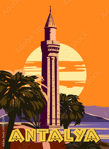 Retro Poster Antalya landmark, Turkey resort, sunset skyline. Vintage touristic travel postcard, placard, vector