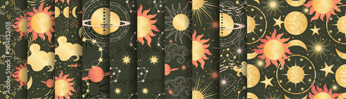 Celestial seamless pattern set with sun, moon and stars. Magic astrology in boho vintage style. Mystical pagan golden sun with planets and moon phases. Vector illustration